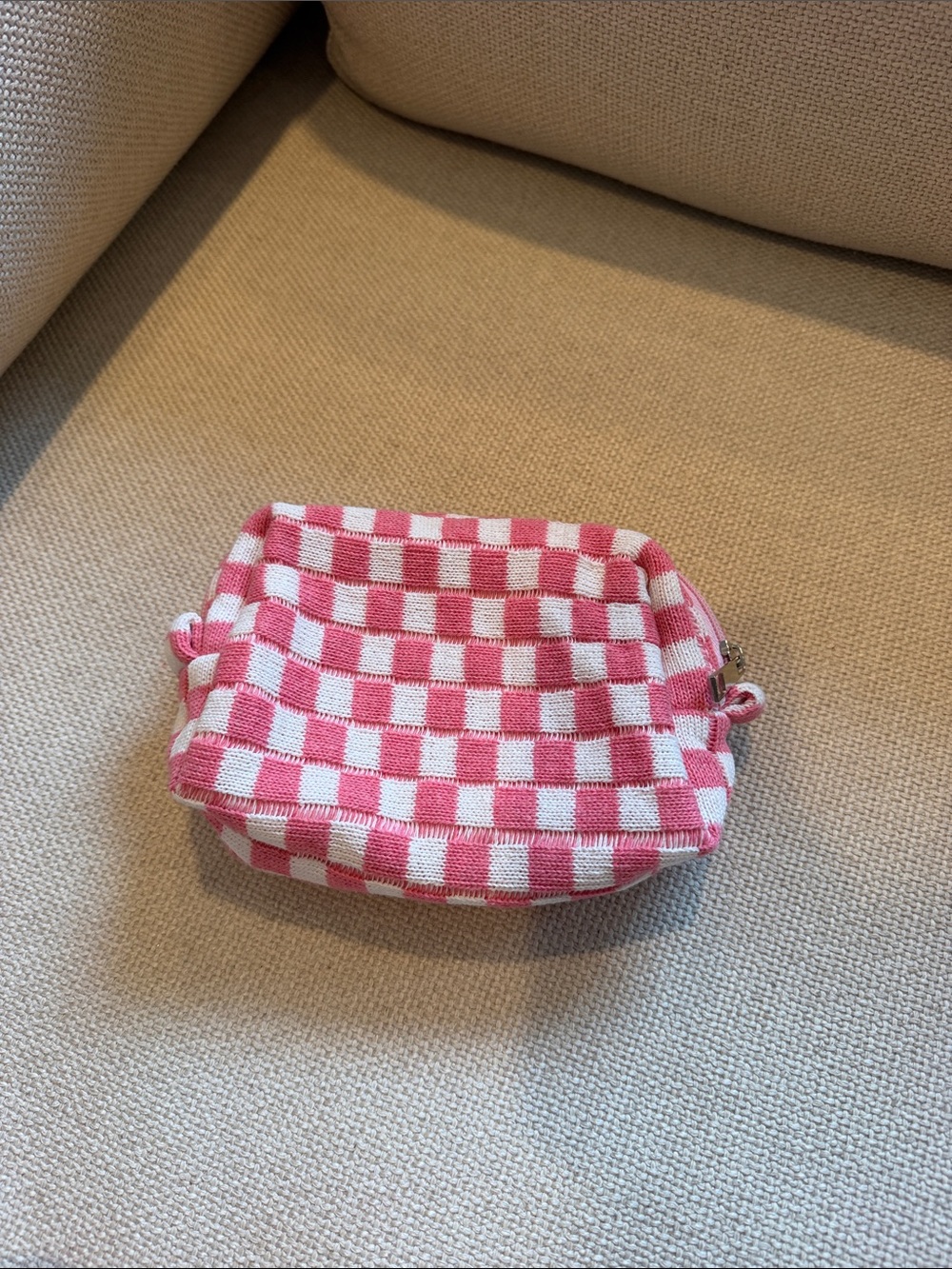 Pink and White Checker Knit Pouch - Zip Accessory Bag